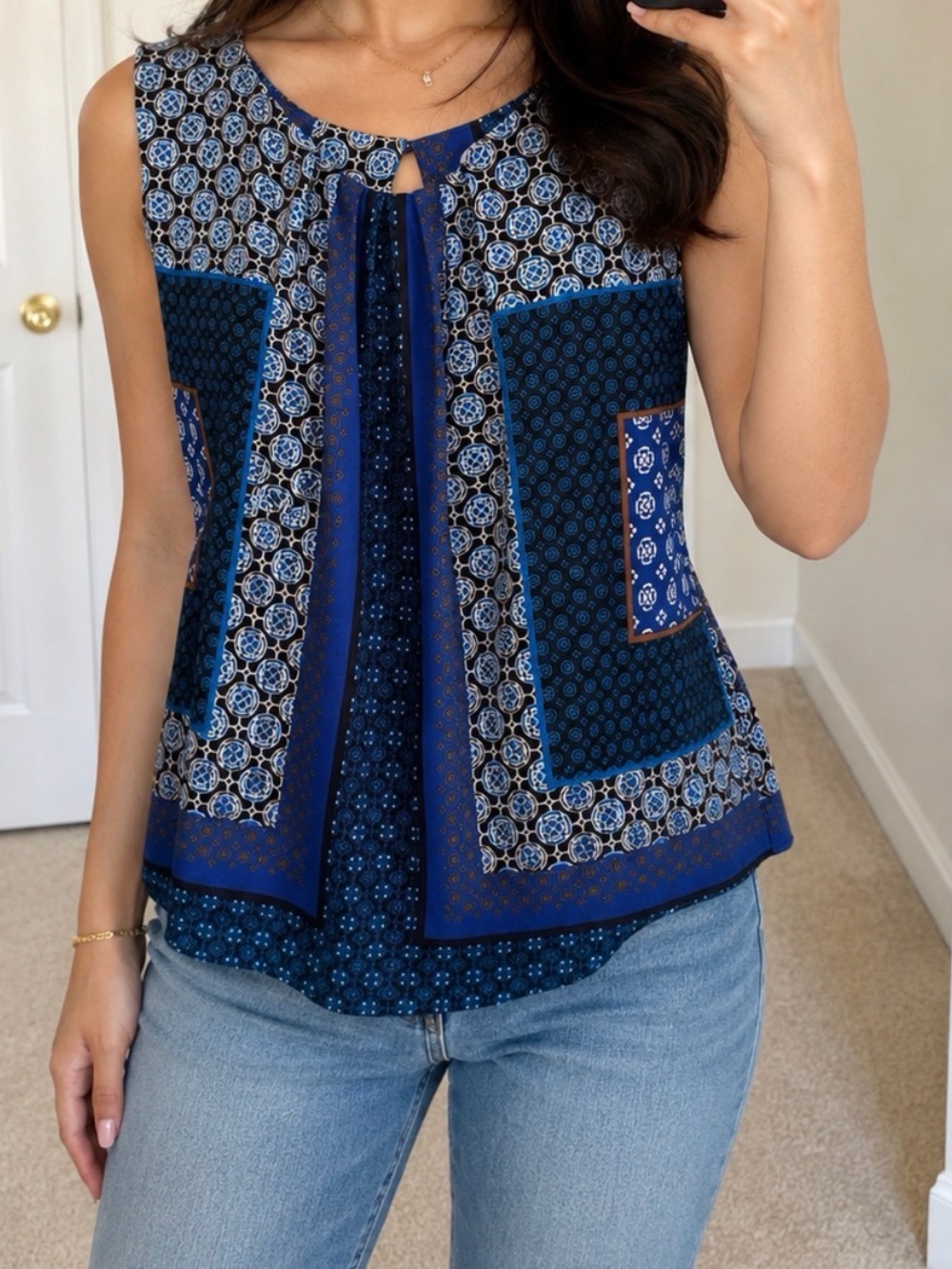 Women's Blue Patterned Sleeveless Top